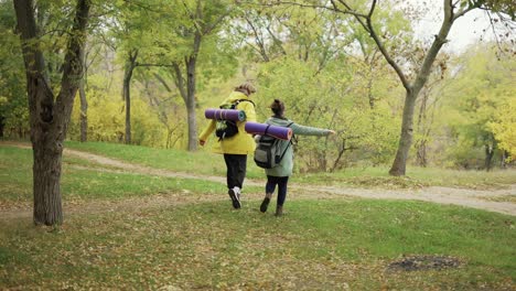 Rear-view-of-hiker-walks-through-the-forest-using-wooden-stick,-close-up-of-a-backpack-with-mat