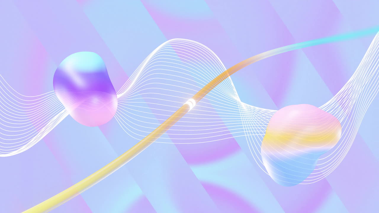 Animation of abstract shapes moving over waving multi coloured background