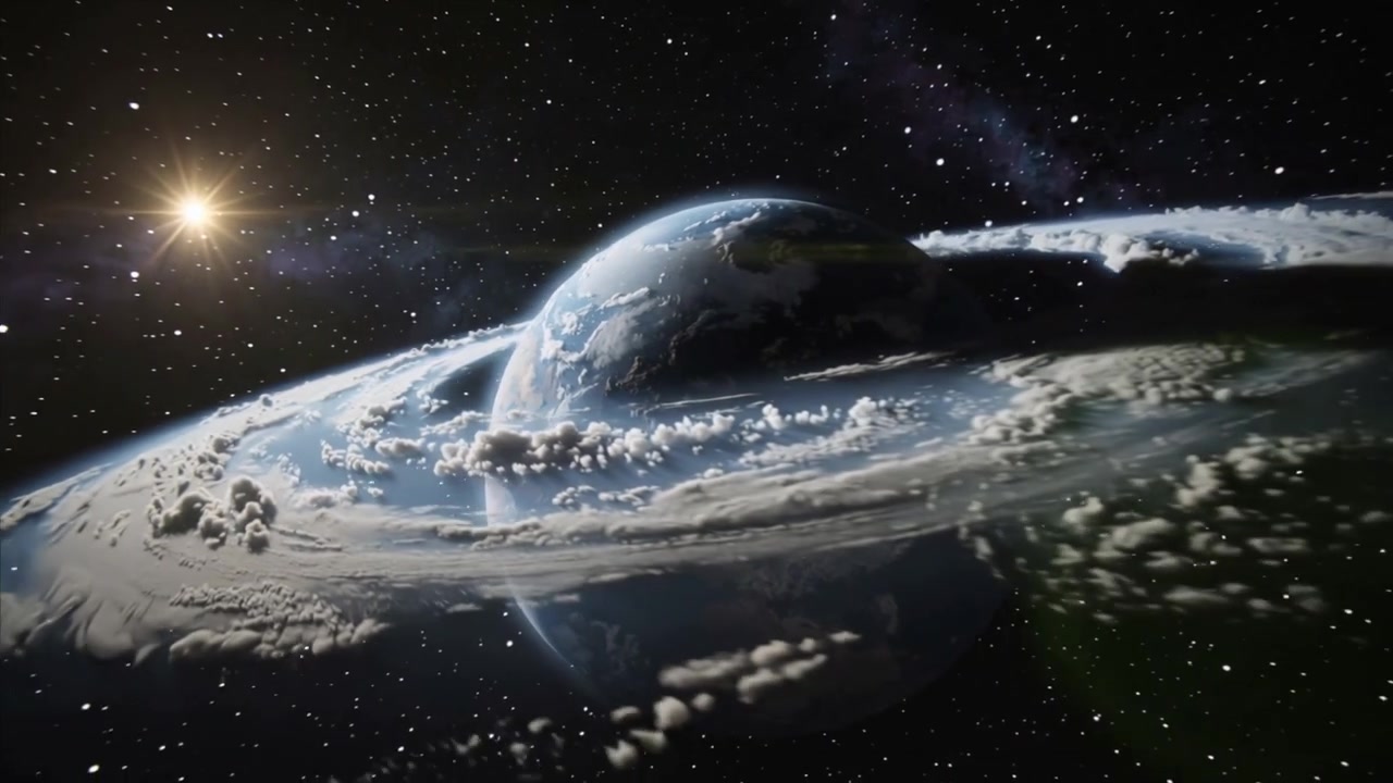 Pulling back camera revealing rotating Earthlike planet in orbit, showing equatorial cloud ring