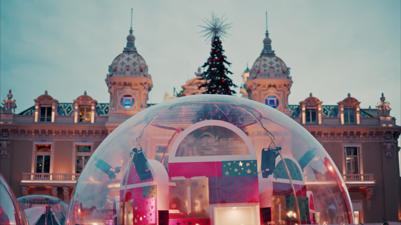 Big Christmas decorations in bubbles in the courtyard of the Monte Carlo Casino