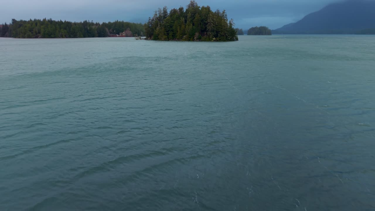 tomada de drone de tofino en la isla de vancouver que muestra colores de otoño, costa escarpada y olas del océano en una vista aérea panorámica.