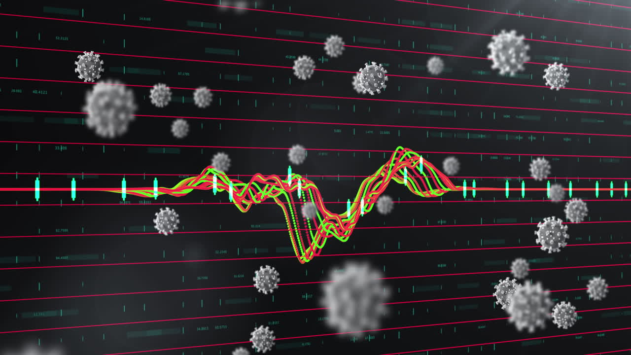 animación del procesamiento de datos sobre células de coronavirus flotantes