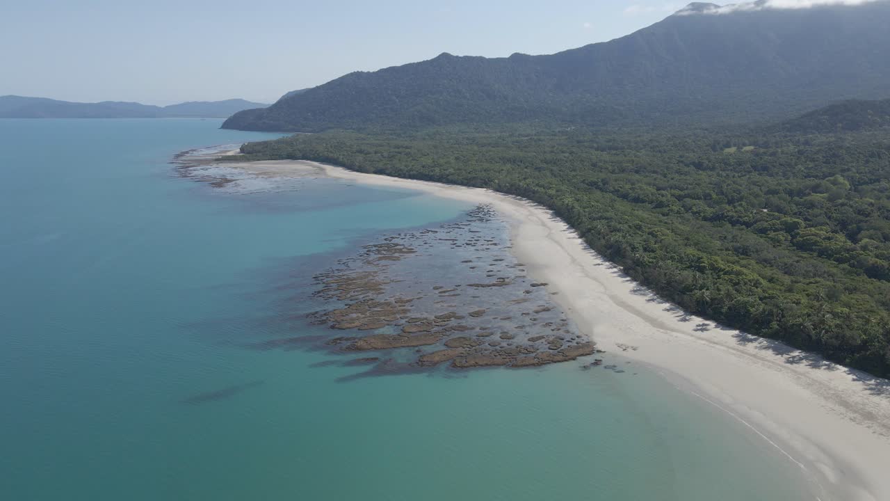 frondosos árboles verdes y arena blanca en myall beach en cape tribulation, queensland, australia
