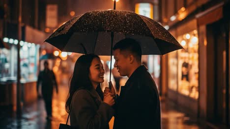 a romantic couple sharing an umbrella on a rainy city street at night