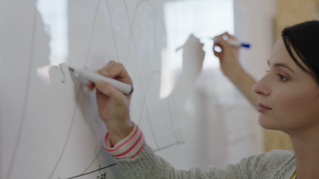 equipo de negocios diverso lluvia de ideas escribiendo ideas creativas en pizarra colaborando en un proyecto de datos de investigación de mercado compartiendo información en una reunión de oficina multiétnica