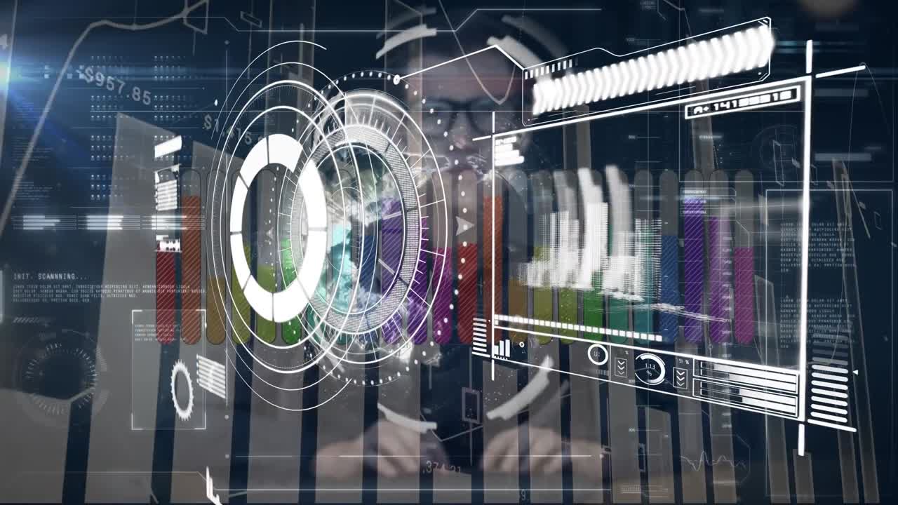 Animation of financial data processing over man using computer