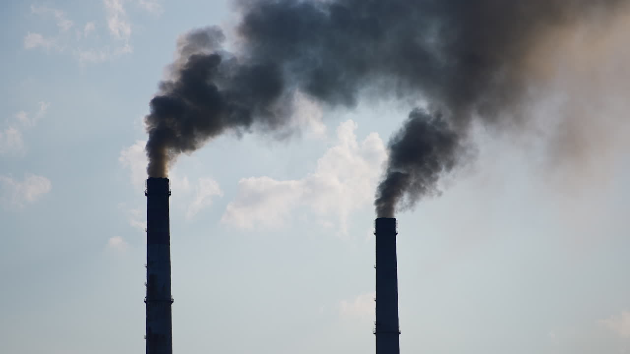 Two factory chimney pipes producing heavy dark smoke. Industry polluting the atmosphere. Cloudy sky backdrop.