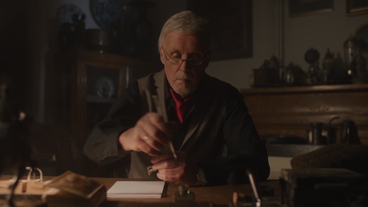 Older passionate man evaluates an old silver skull watch in his office at night