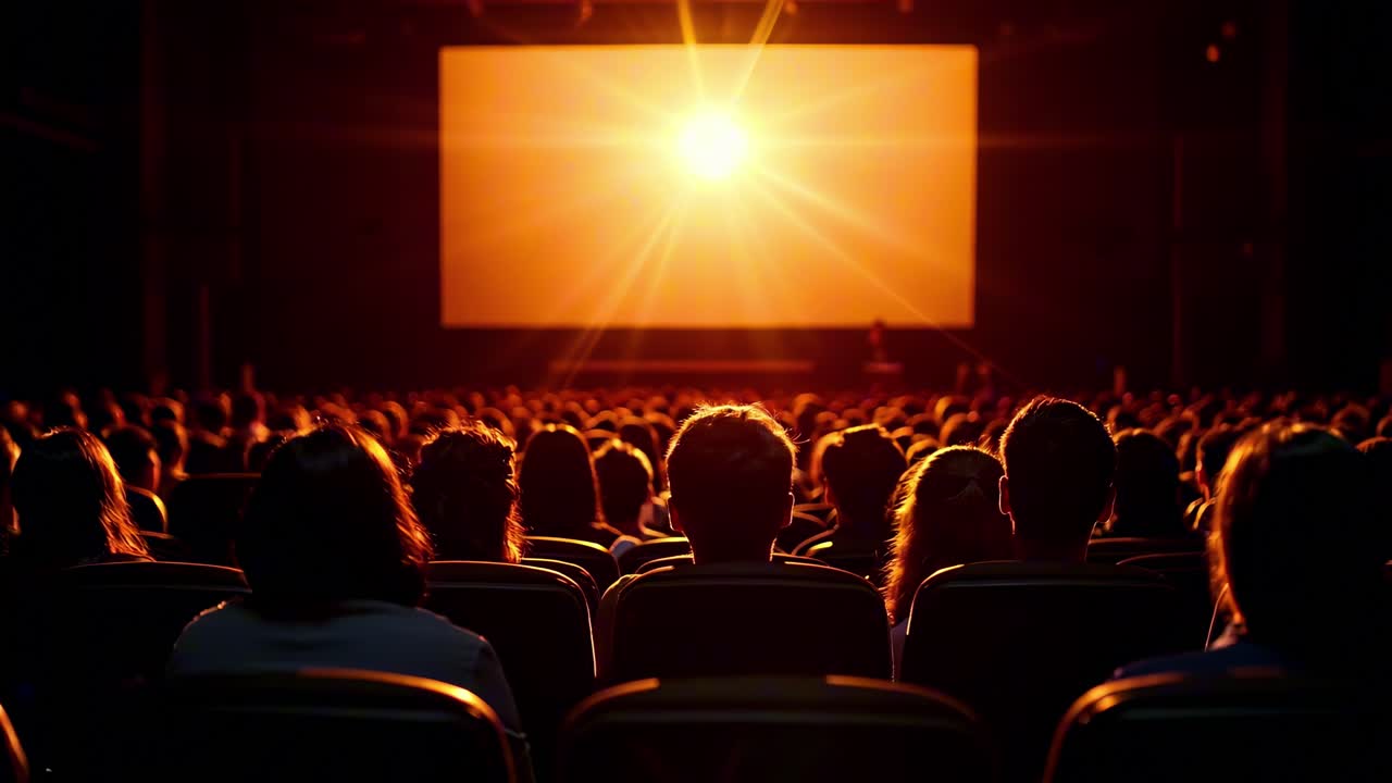 Una scena cinematografica catturata da dietro un pubblico che guarda un video, con una luce calda