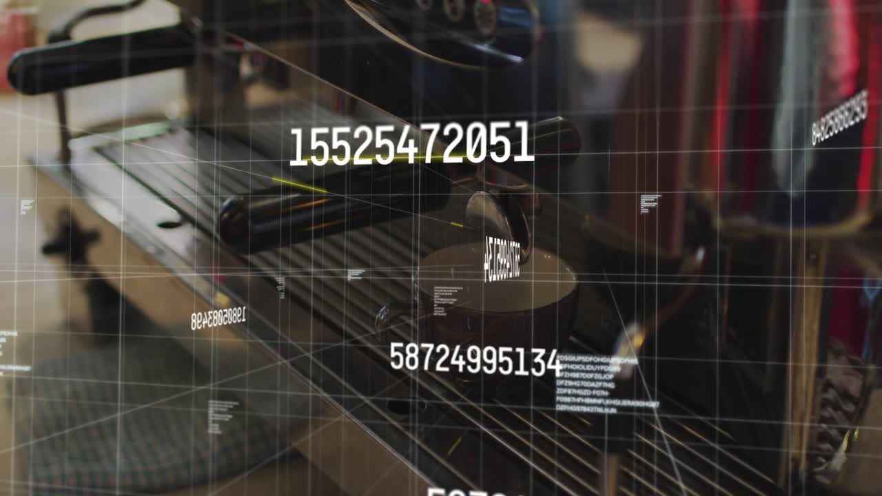 Showing espresso portafilter with ceramic cup on drip tray, displaying floating codes in 3D render