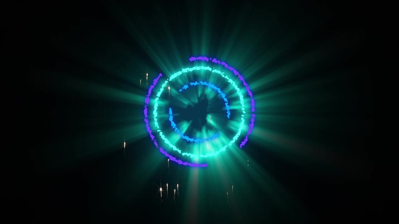 Central rings appearing and emitting gold sparkles from lower-right, forming visual energy pulse