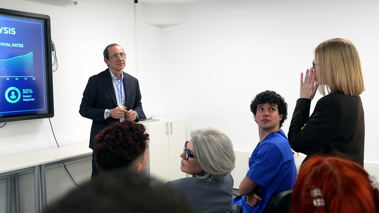 Medical Professional Presenting Data to Diverse Group of Students
