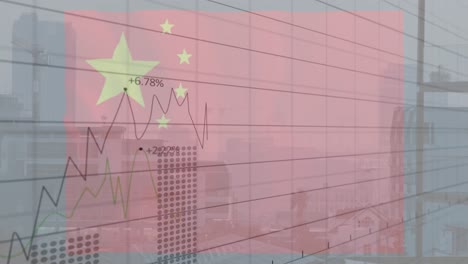 animation of flag of china and data processing over cityscape