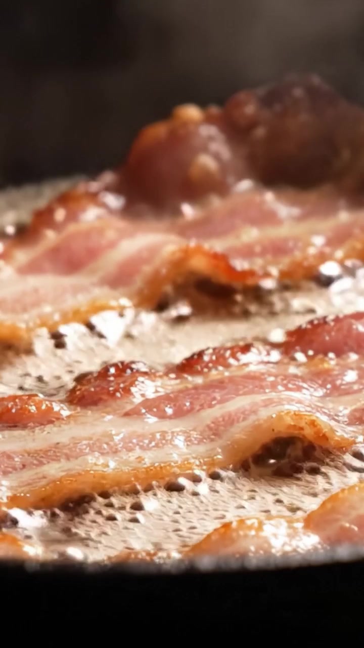 Sydende bacon, der steger på panden: Et nærbillede af sprøde, fedtede strimler, der steger til perfektion med boblende fedt og en varm, mundvandsløbende aroma, der stiger op