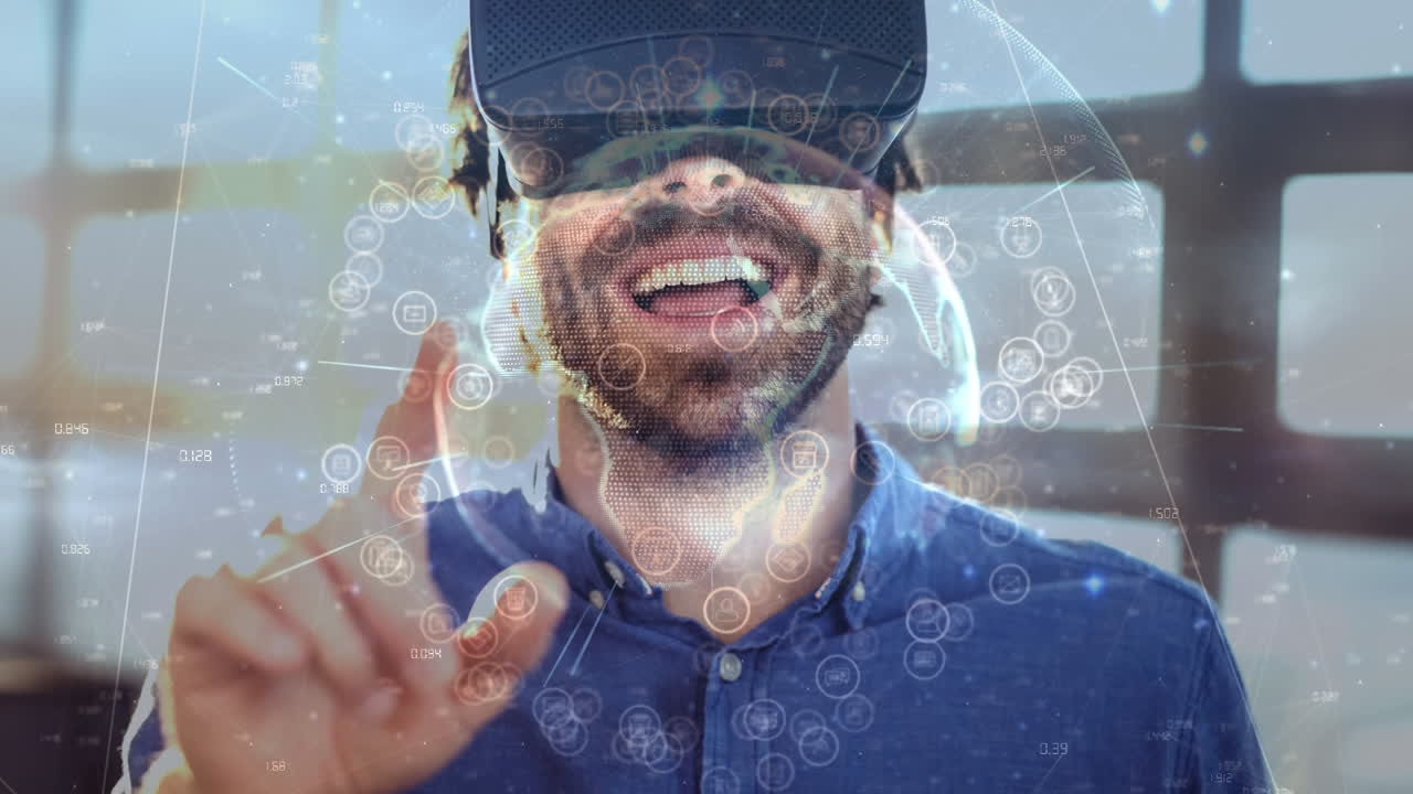 Uomo che indossa un visore VR, con animazione di rete digitale sullo sfondo.