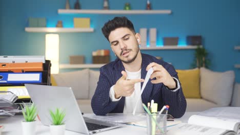 businessman talking showing documents in online meeting.