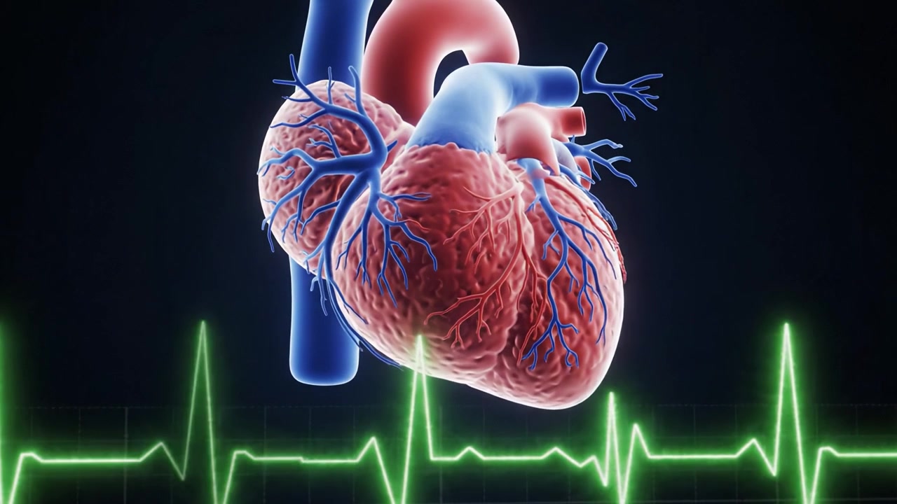 Una visualización detallada de la anatomía del corazón que muestra su compleja estructura y la dinámica del flujo sanguíneo, acompañada de una lectura de electrocardiograma para contextualizar.