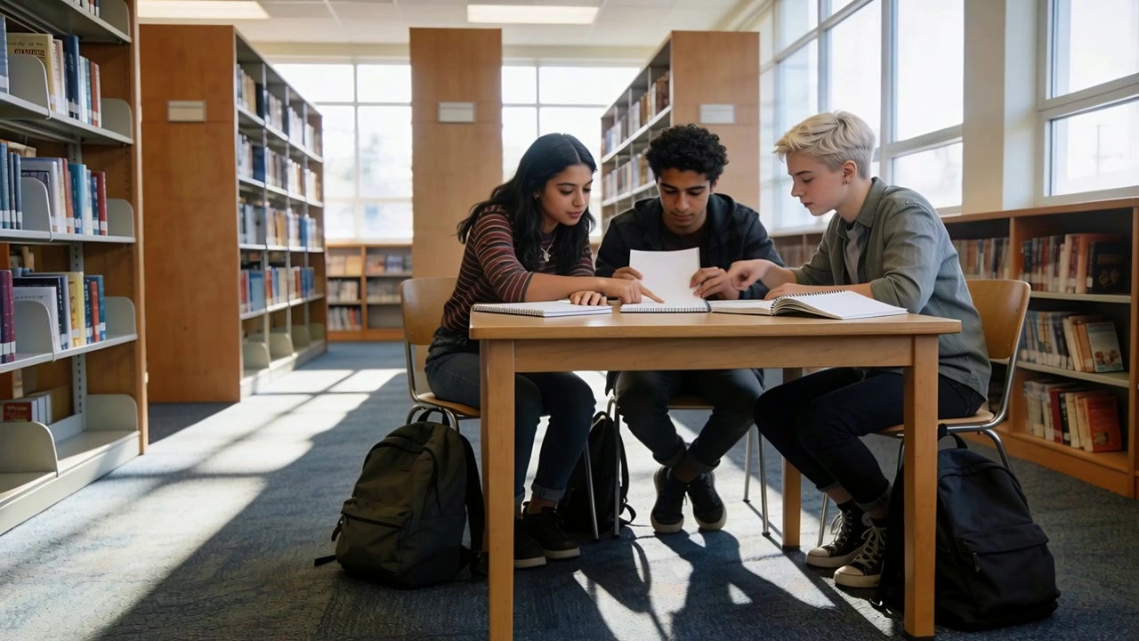 Left student holding sheet, trio flipping pages and pointing at book in library, casual, studying