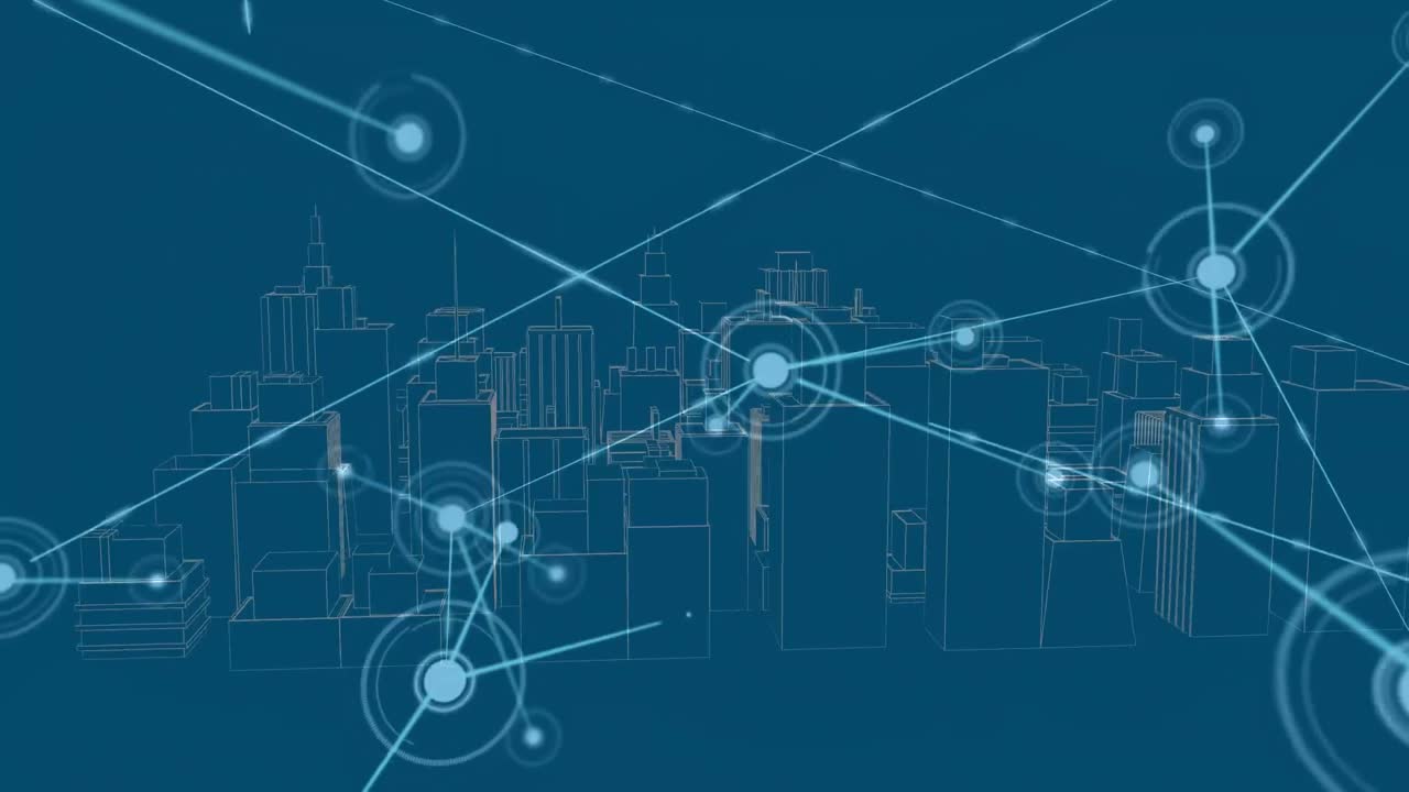 Animation of illuminated connected dots and 3d model of cityscape over blue background