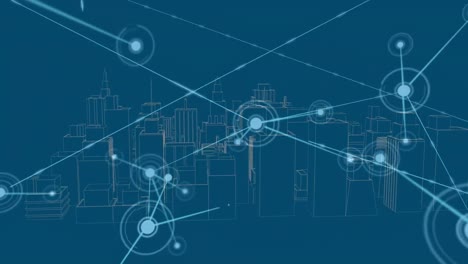 animation of illuminated connected dots and 3d model of cityscape over blue background