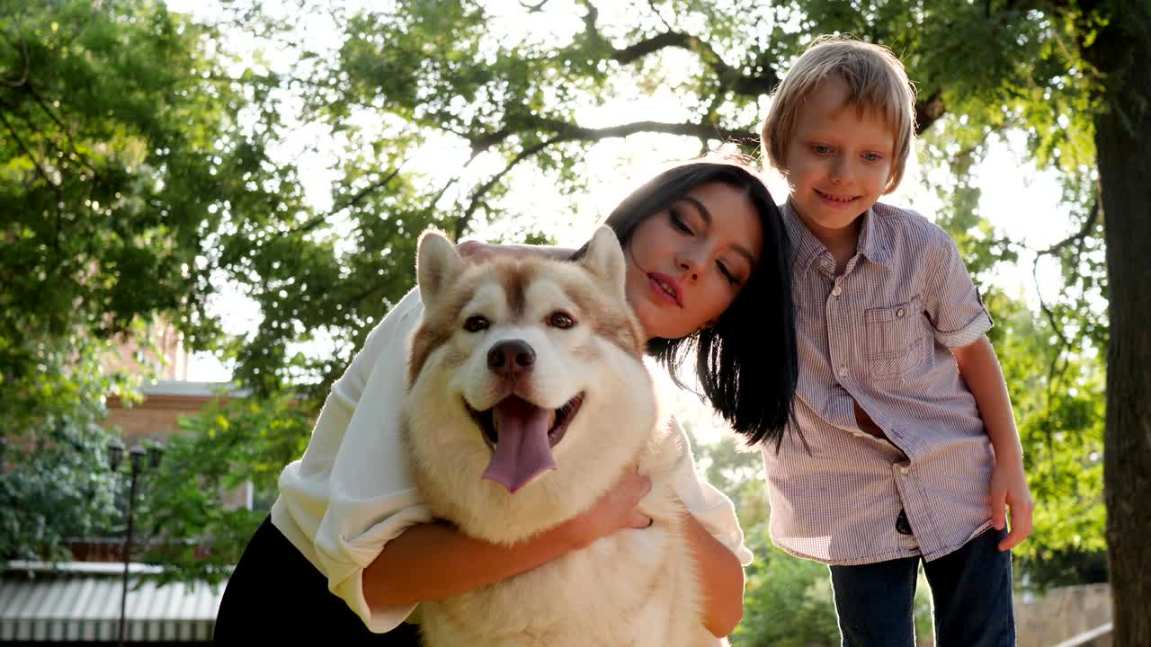가족과 애완동물, 자연과 아이의 배경에서 허스키 개를 안고 있는 여성