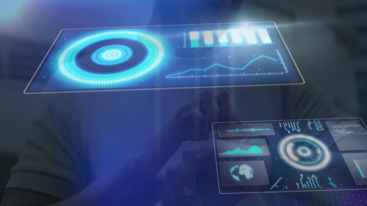 Animation of data processing over businessman using smartwatch