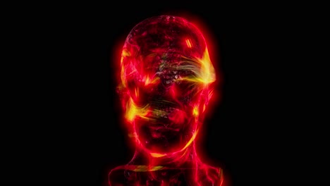 fiery particles flowing on human head, abstract red and orange lines on head sculpture