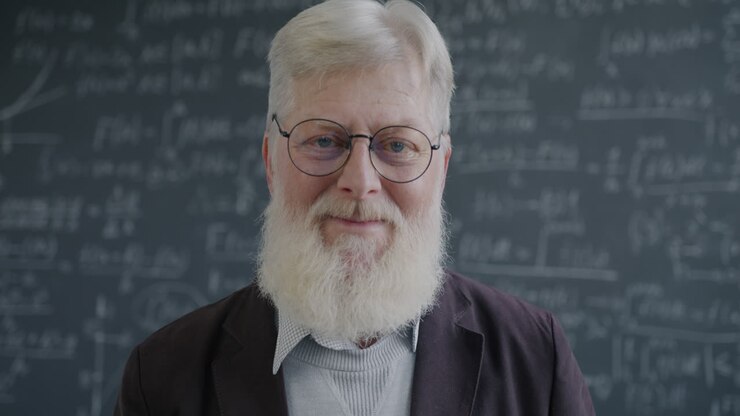 Smilende professor foran en tavle