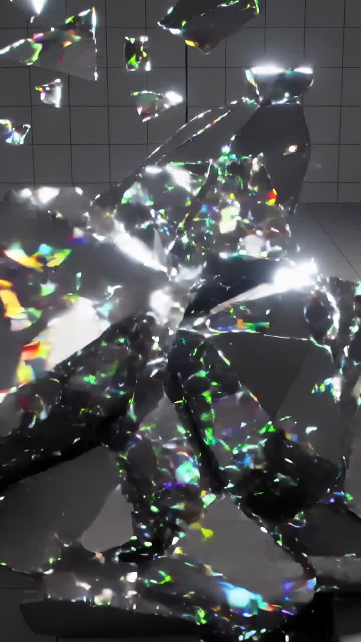 Vertical video: Shattering center bright patch sending mirror shards across tiled room prism glints