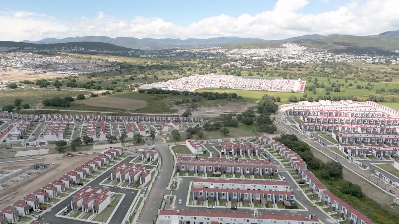 Rising Forward Drone Aerial Reveal of Expanding Housing Developments Encroaching on Rural Green Land in Mexico – Sunny With Clouds 4K