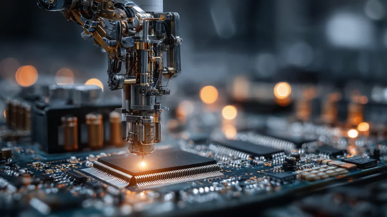 A Close-Up of an Advanced Robotic Arm Engaging with a Microchip on a Circuit Board, Illuminating Technological Breakthroughs in Automation and Robotics
