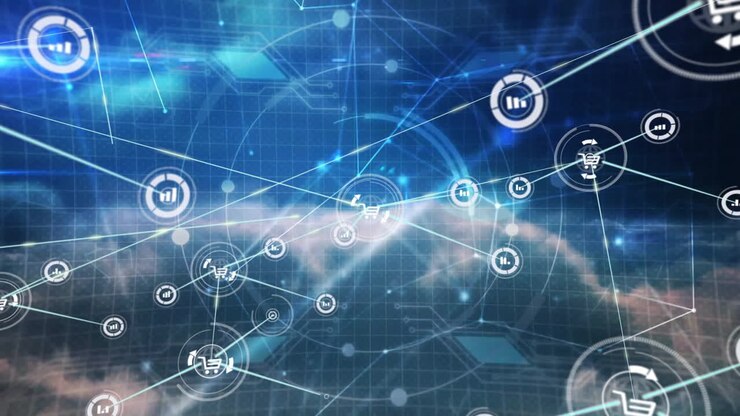 Network connections and data processing animation over hands typing on keyboard