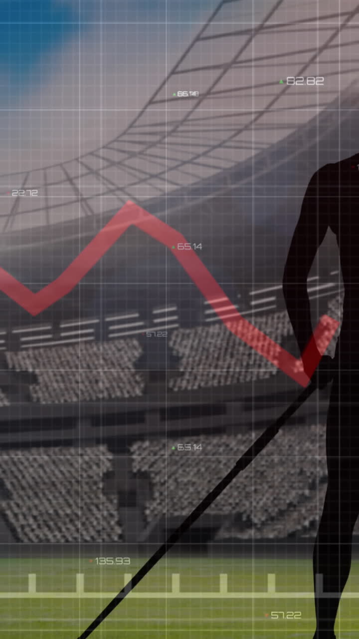 animación de gráficos y procesamiento de datos sobre una atleta con jabalina en un estadio deportivo
