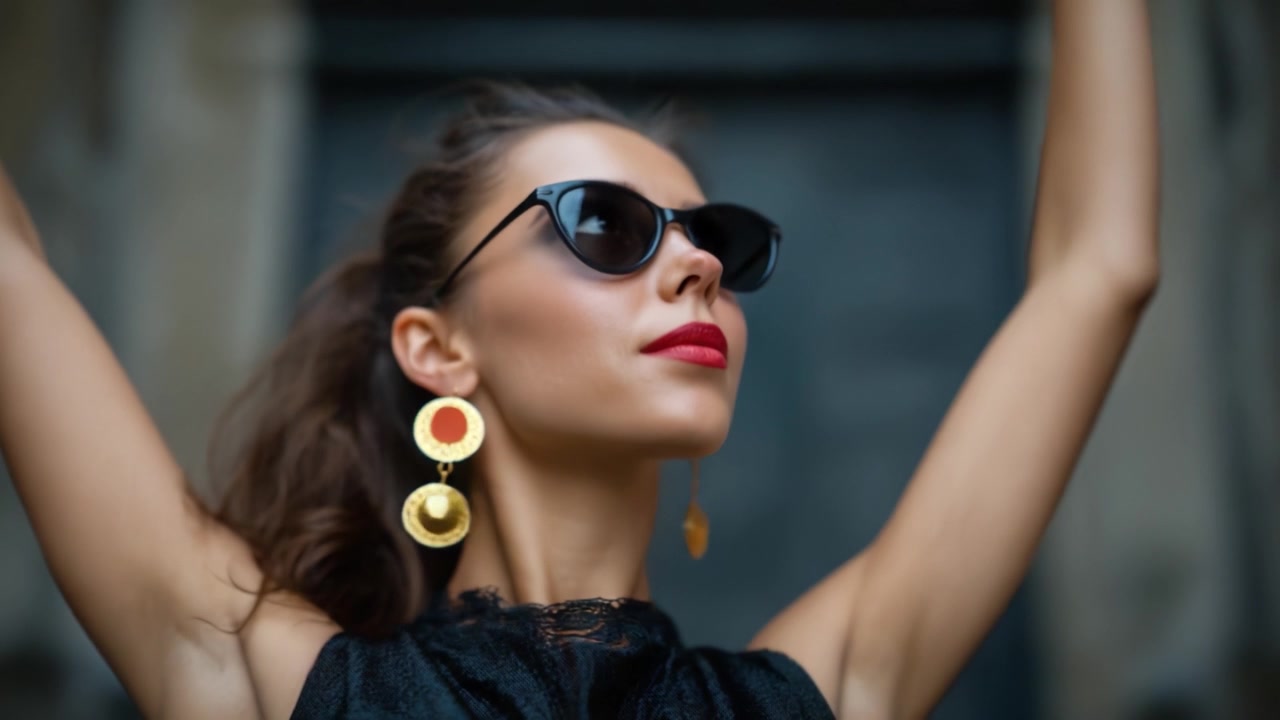 Donna elegante con occhiali da sole e orecchini vistosi posa con sicurezza in un outfit alla moda, mostrando eleganza e carattere in un bellissimo ambiente urbano.