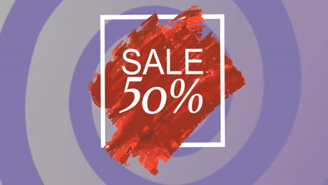 animación de venta 50 por ciento de texto en marco blanco en círculos rojos y púrpuras