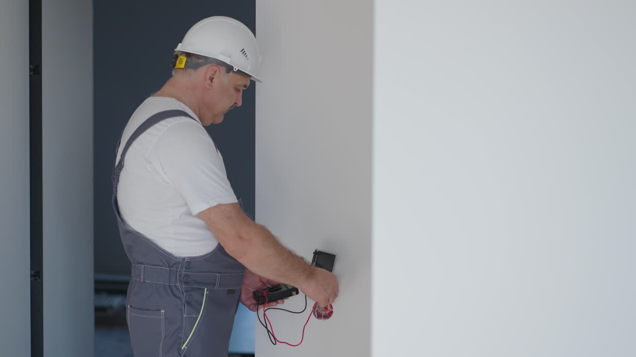 A man electrician in a helmet in the apartment checks the work of sockets after repair