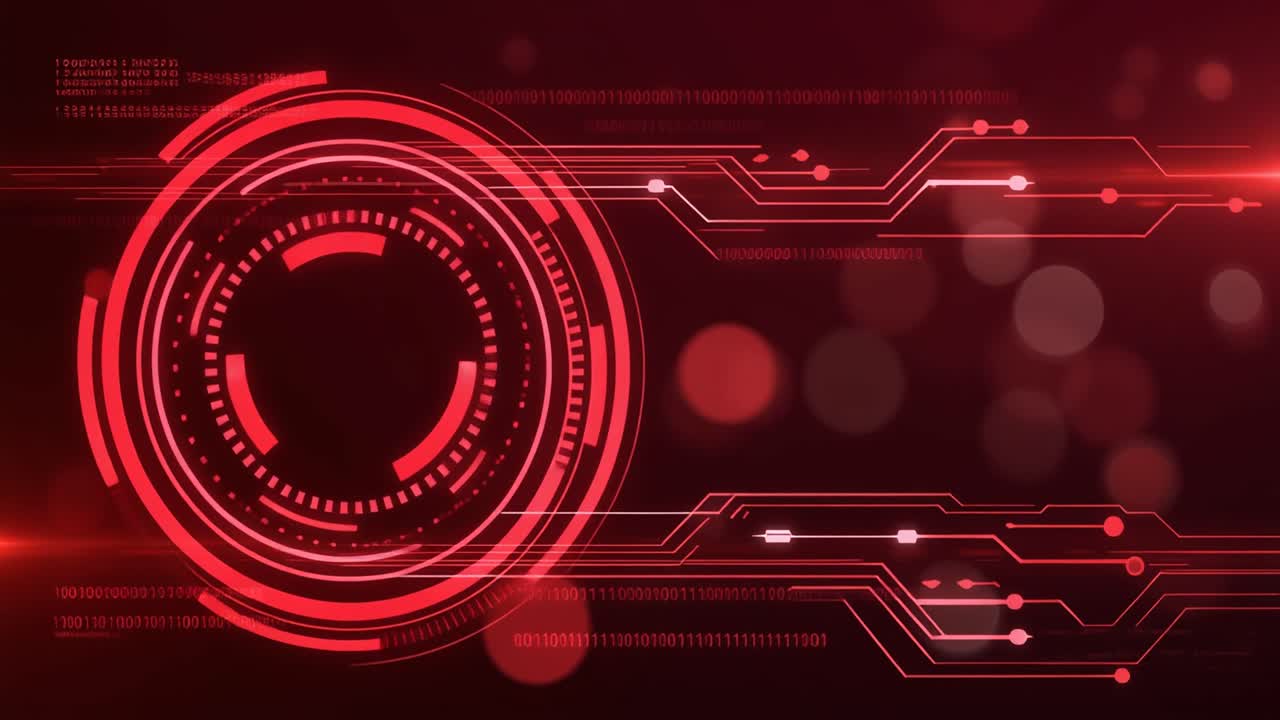 Futuristic Red Digital Technology Background with HUD and Binary Code