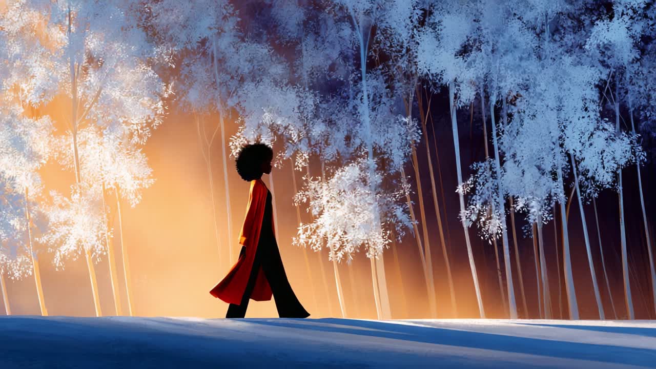 A solitary figure walks through a mystical forest, illuminated by warm golden light filtering through ethereal trees, conveying a blend of tranquility and introspection in the serene landscape