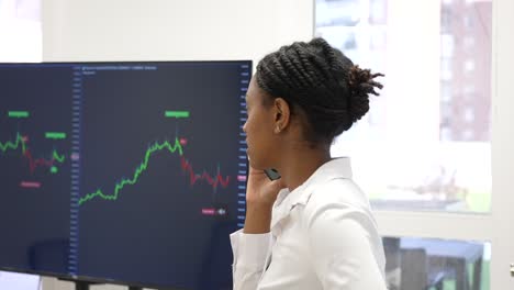 young black african business trader woman in an office call and talking about business and financial advising on the phone