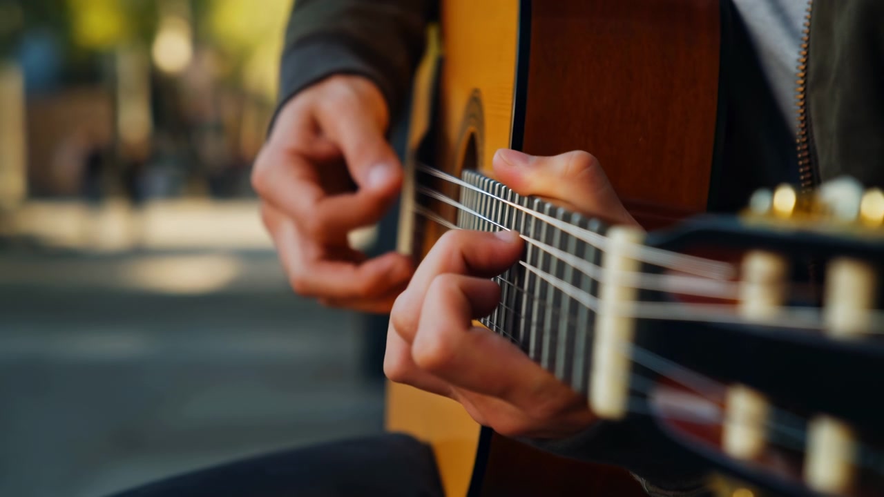 Close-up of hands playing an acoustic guitar, with fingers pressing the frets and plucking the strings near the sound hole. Warm natural light and a softly
