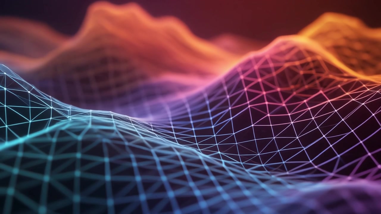 Abstract Digital Wireframe Landscape with Glowing Gradient Waves