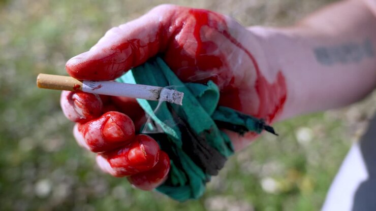 Primo piano di mano sanguinante con laccio emostatico di stoffa che tiene una sigaretta accesa, concettuale.