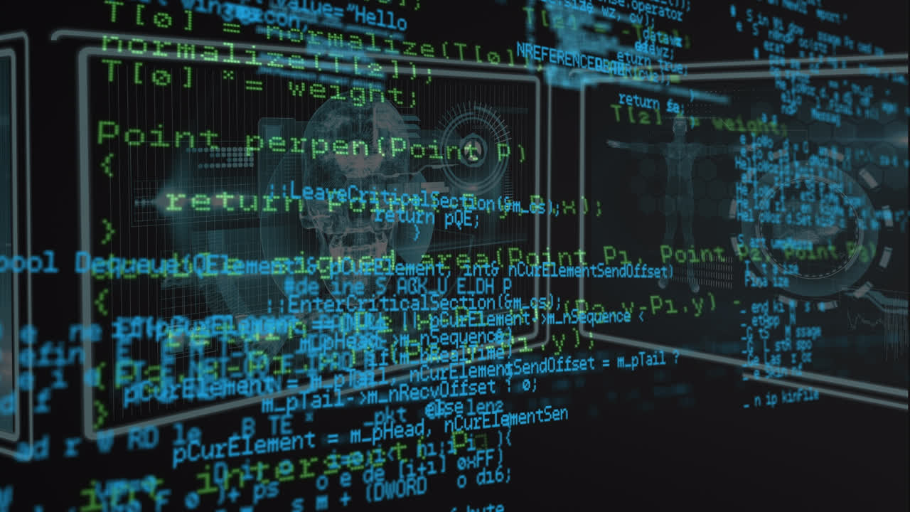 animación del procesamiento de datos en pantallas digitales con datos diversos en el espacio digital