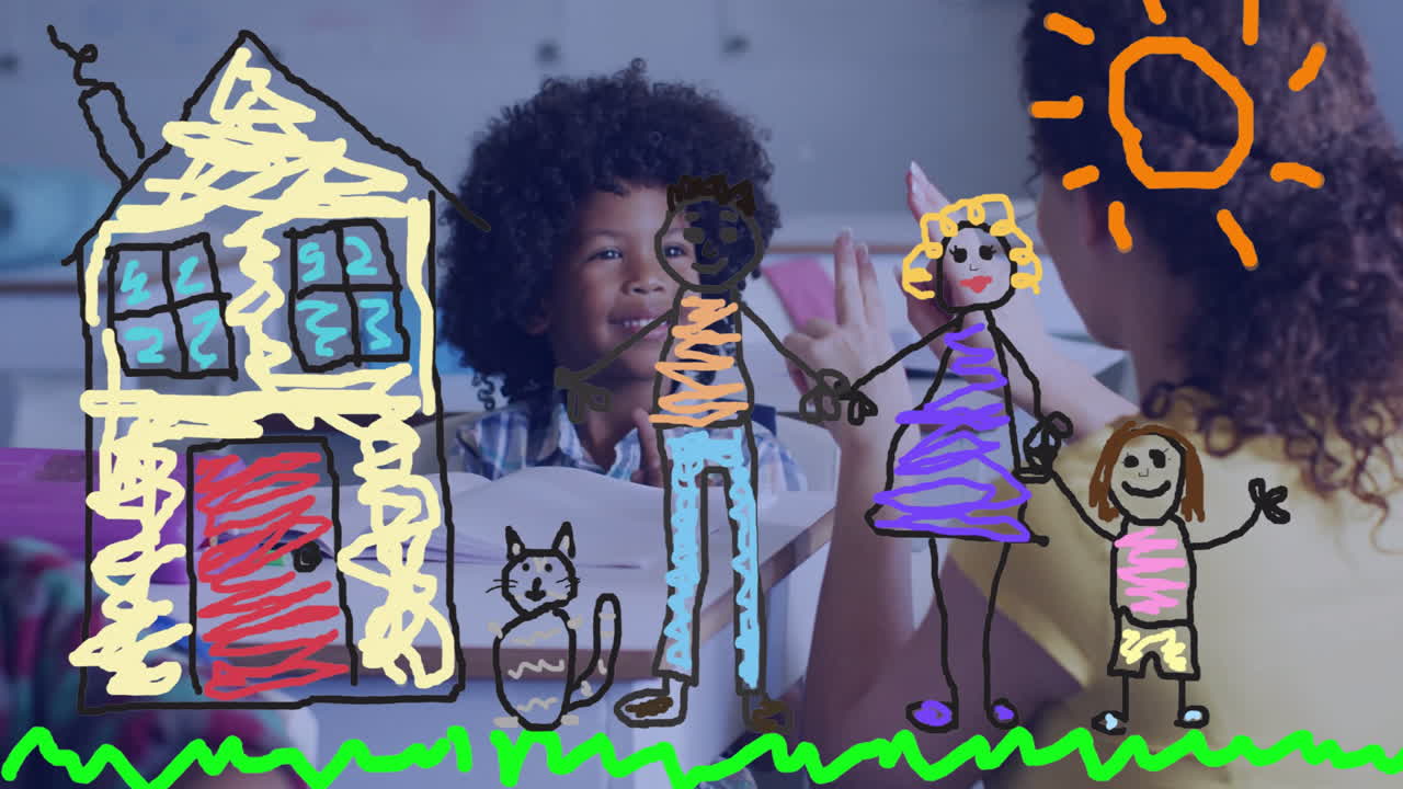 In school, child drawing colorful family and house animation, smiling in classroom