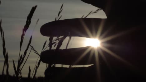 silueta de manos y dedos contra la puesta de sol con bengalas solares primer plano