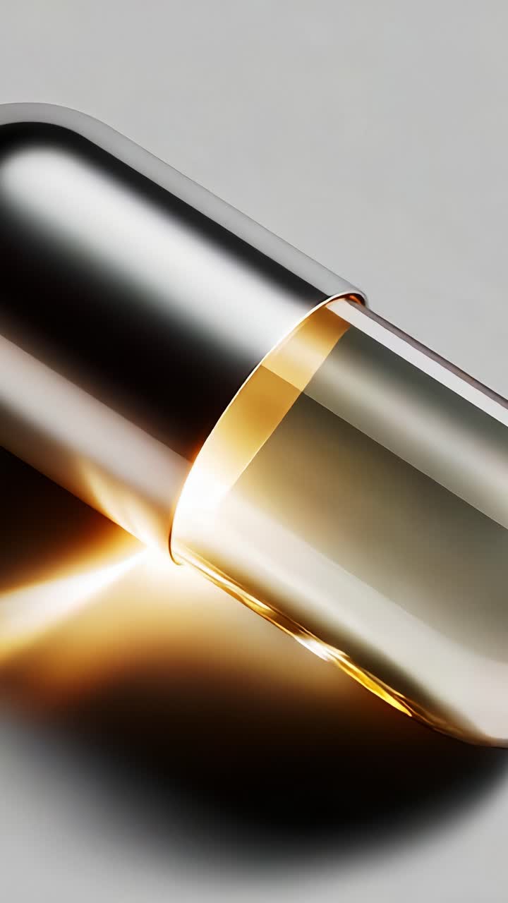 Una splendida immagine di una capsula scintillante contenente un liquido dorato, che mette in mostra l'elegante finitura metallica sotto i riflessi di una luce intensa in due accattivanti inquadrature