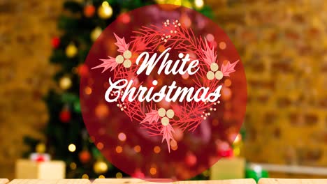 Animation-of-white-christmas-text-over-christmas-bauble-and-tree-in-background