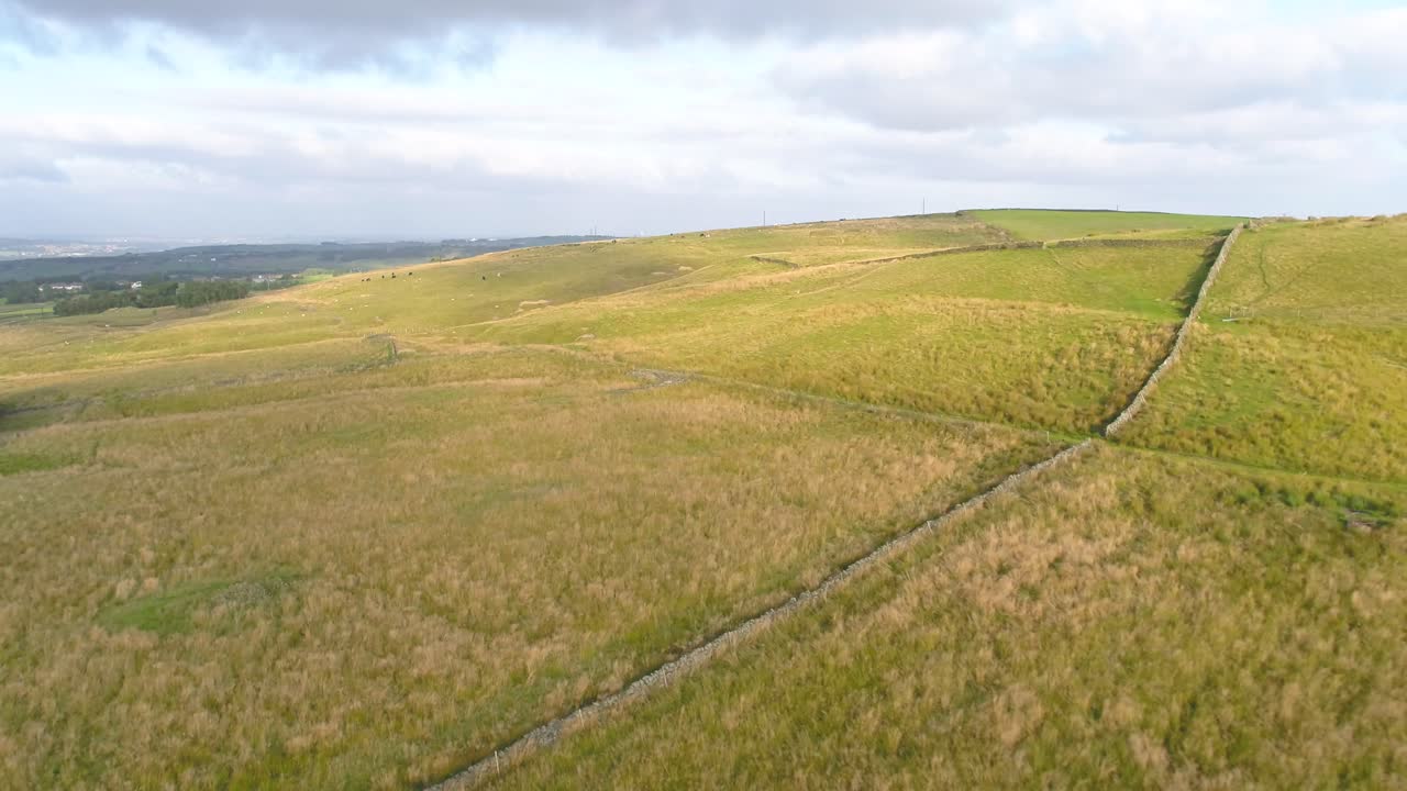 дронный кадр в вечерний золотой час, пересекающий сельскохозяйственные угодья и болота в сельской местности западного йоркшира, англия, великобритания