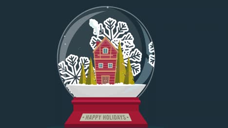 Animation-Einer-Weihnachtlichen-Schneekugel-Mit-Haus-Und-Schneeflocken-Auf-Grauem-Hintergrund