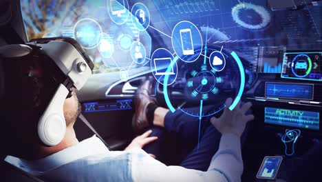 animación de la pantalla sobre un hombre de negocios que usa auriculares vr en un coche de conducción autónoma